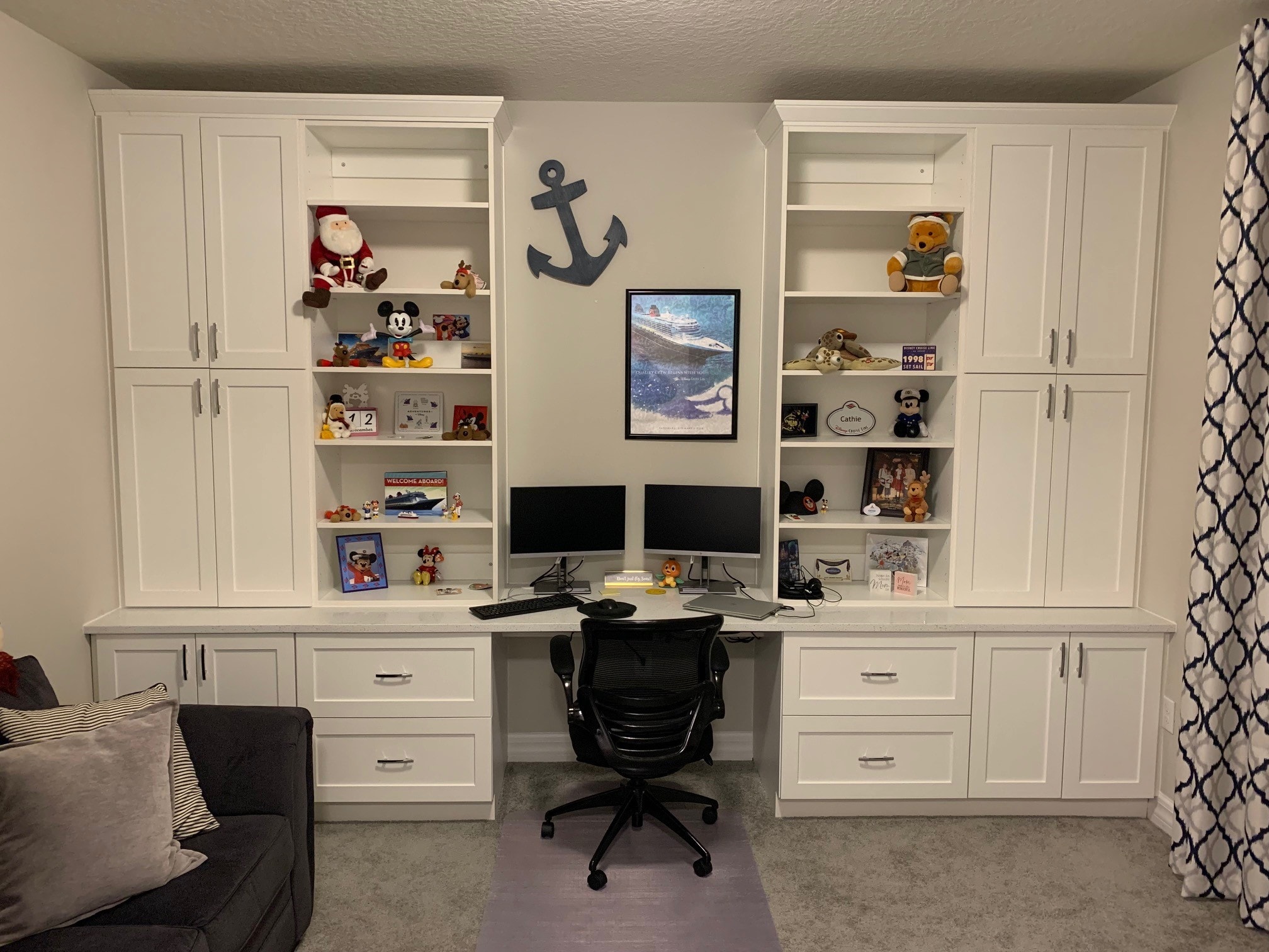 White shaker home office built-in wall unit with open shelving dual monitors and quartz desktop by 1 Stop Cabinets