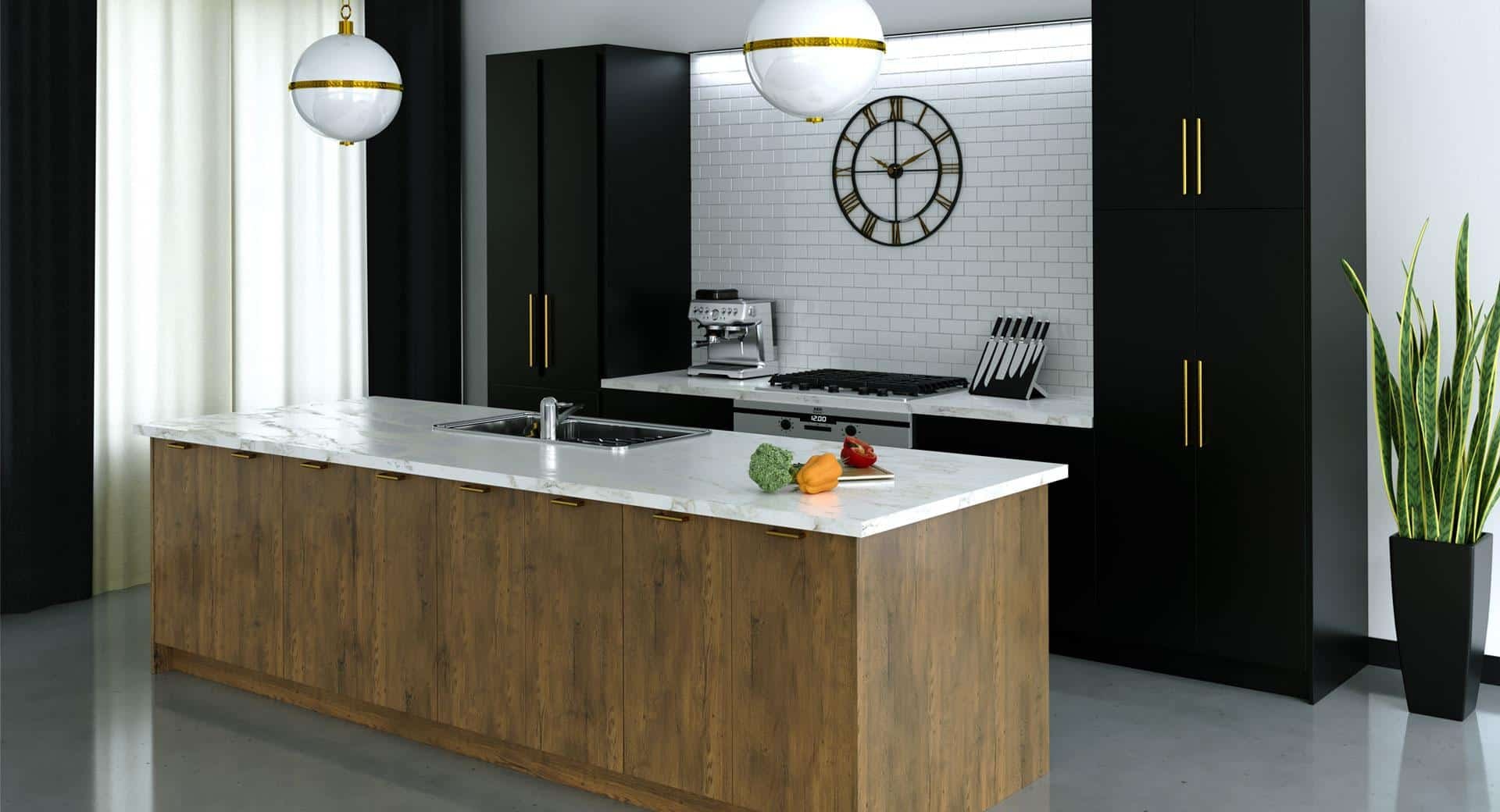Matte black flat panel kitchen with natural wood island marble countertop globe pendants and gold hardware by 1 Stop Cabinets