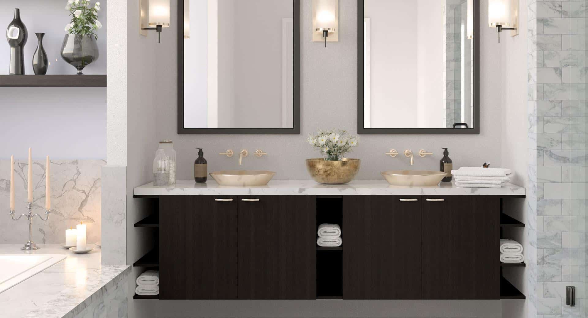 Dark espresso floating bathroom vanity with gold vessel sinks and marble walls by 1 Stop Cabinets