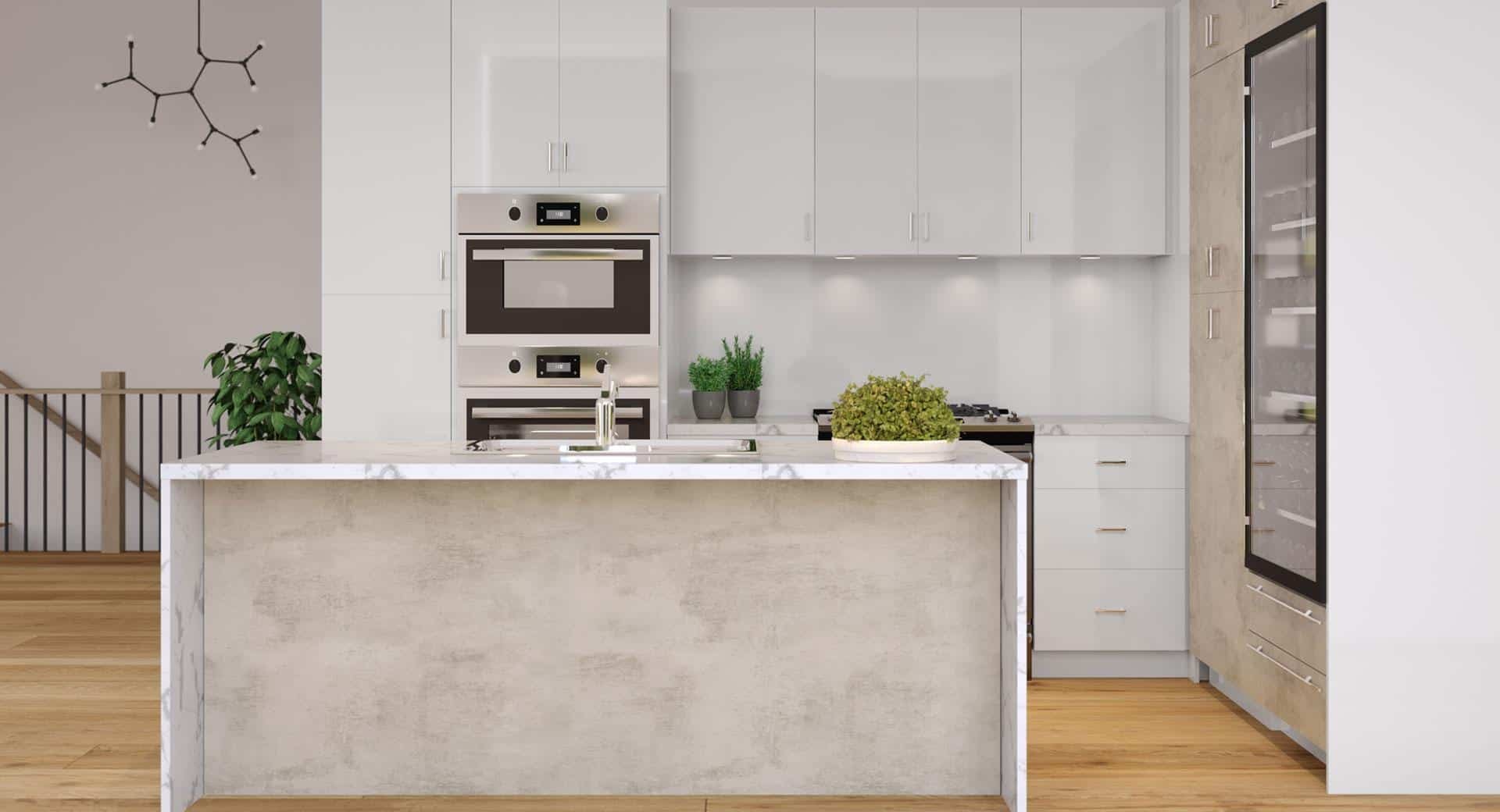 White gloss flat panel kitchen with concrete island and wood accents by 1 Stop Cabinets