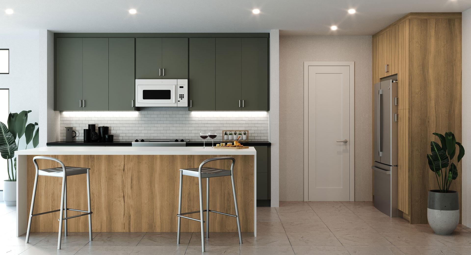 Olive green flat panel kitchen with wood island and subway tile backsplash by 1 Stop Cabinets