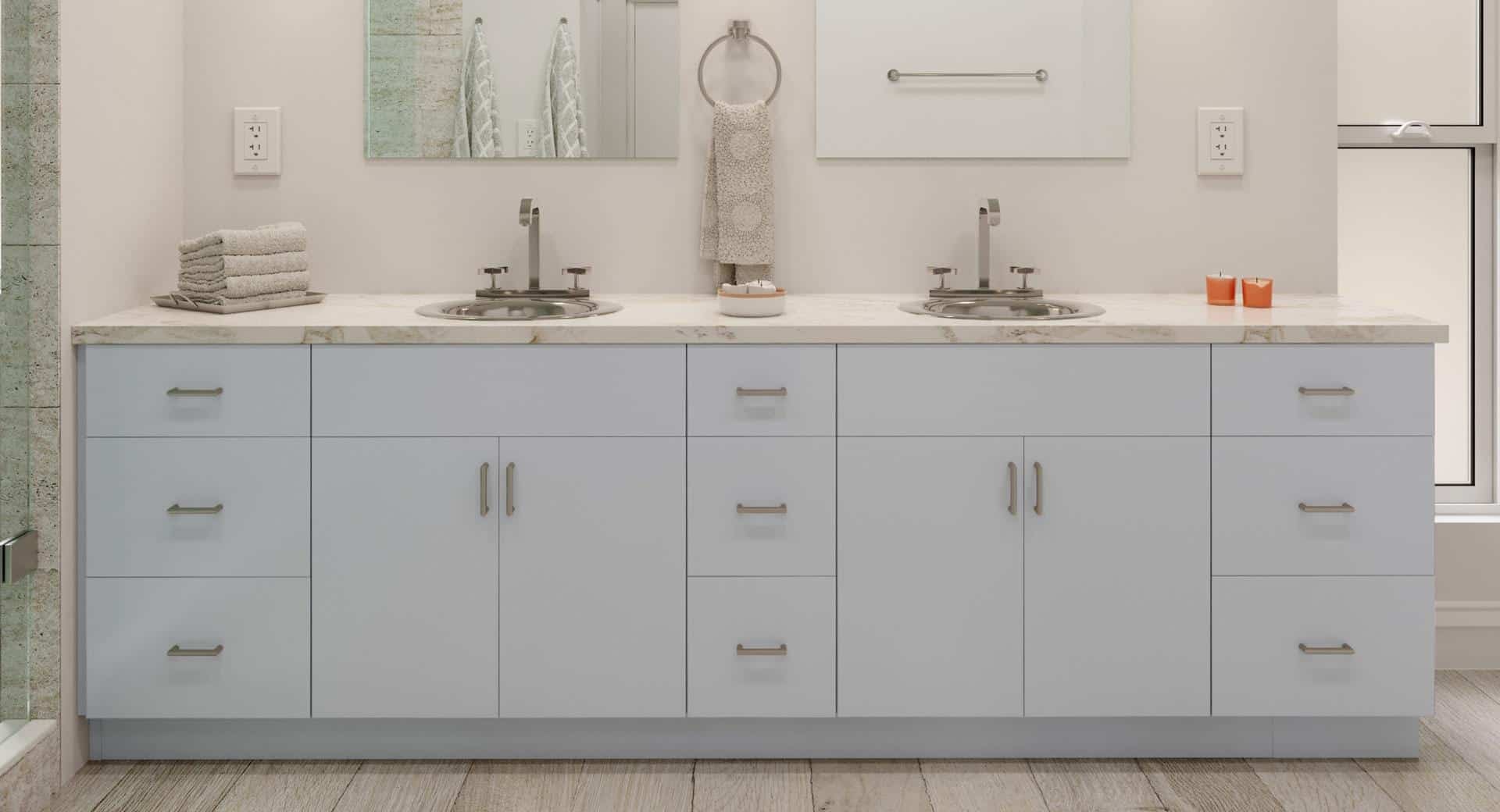 Light blue flat panel double bathroom vanity with marble countertop by 1 Stop Cabinets